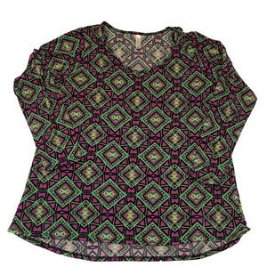 LULA ROE 2X Lynnae Purple & Green Geometric Print Scoop Neck Long-Sleeve Top‎